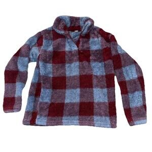 Eddie Bauer Fleece Jacket Womens S 1/4 Zip Plaid Pullover Fuzzy Cozy Funky Boho